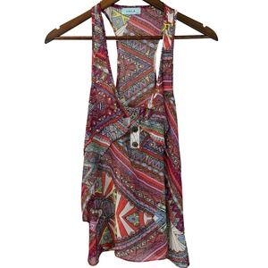 Loila USA Pink Geometric Aztec Chiffon Racerback Ruffle Tank size Small‎